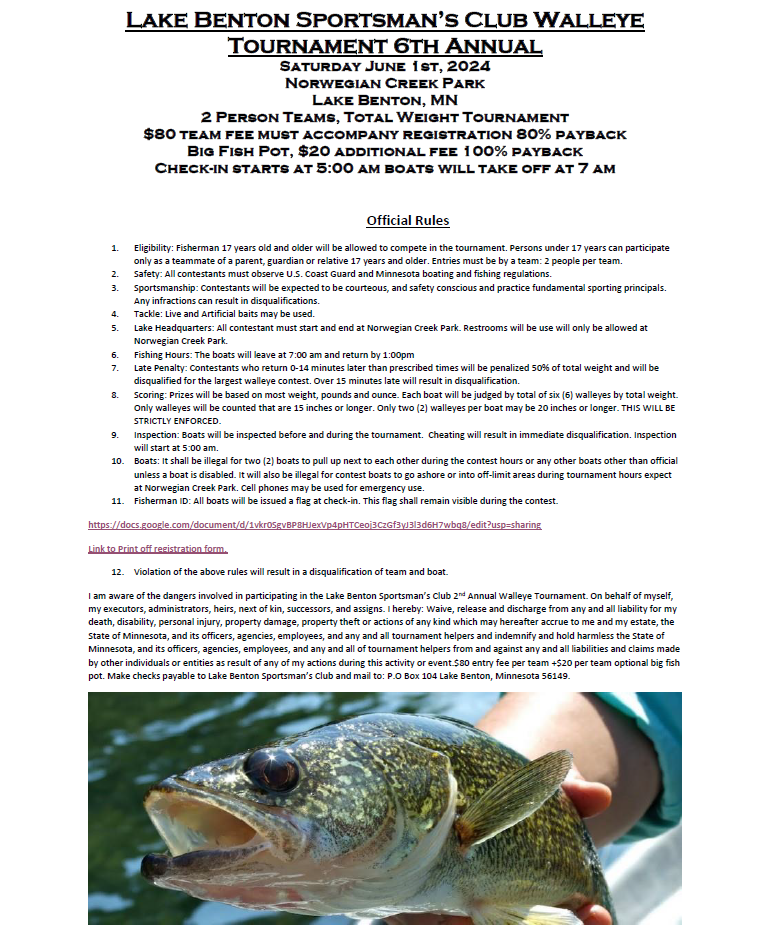 Summer Fishing Tournament 2 Man Team with Big Walleye and Big Northern